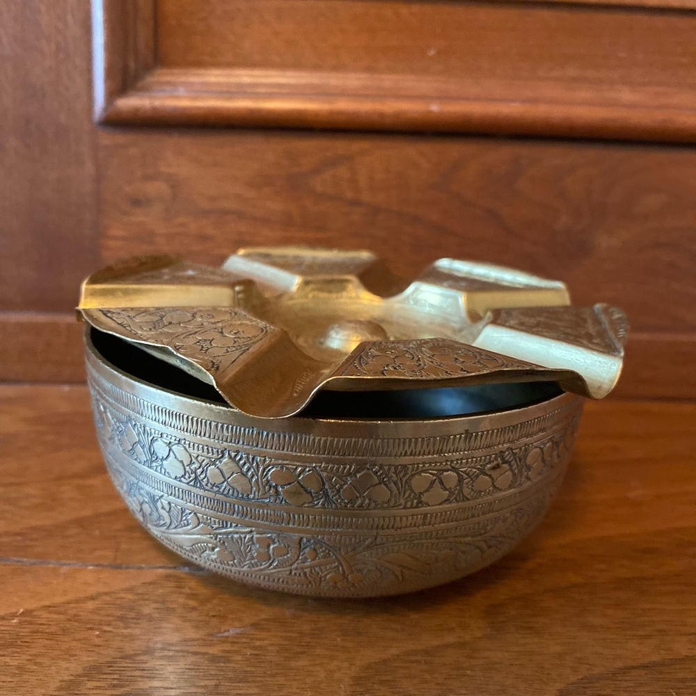 SOLD - Vintage etched brass ashtray with bowl